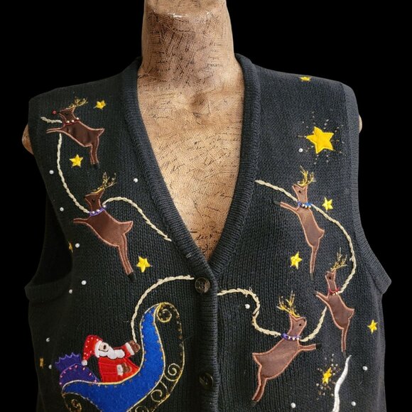 Vintage ugly Christmas Sweater Vest With Santa Sleigh & Reindeer Embroidery Blac - Picture 2 of 12